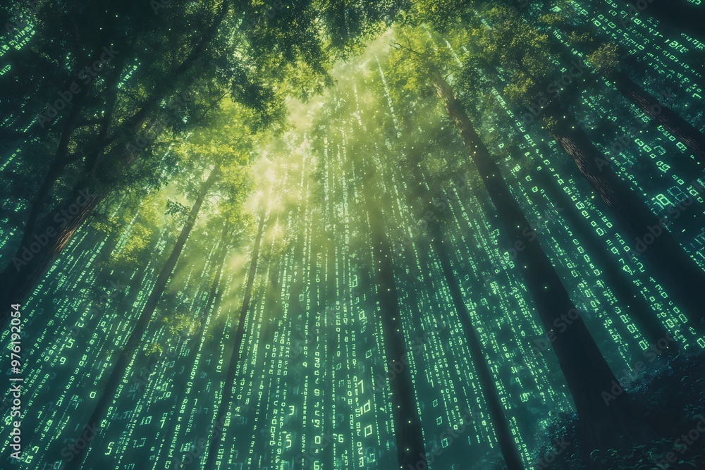 Aufkleber binary matrix forest: a fusion of nature and digital streams in a futuristic landscape