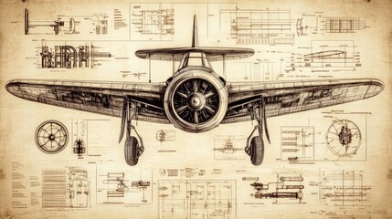 Schematic design of a Spitfire fighter aircraft with detailed technical drawings