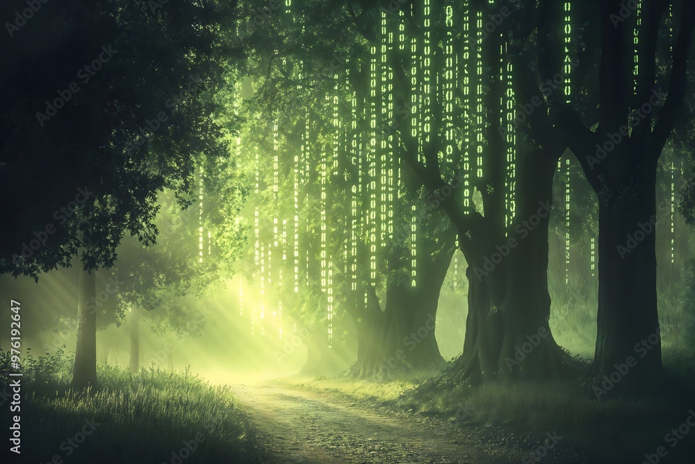 Poster a journey through the digital forest: nature merged with virtual reality. binary code, matrix, scien