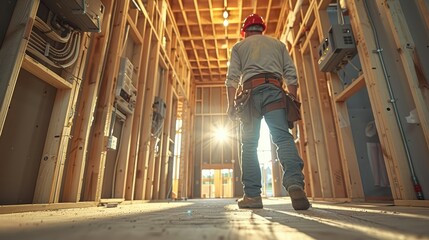 Fototapeta premium Electrician installing wiring in newly framed building during construction work