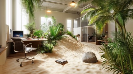 Fototapeta premium Workspace in office with oasis and urban jungle in the center, featuring palm trees, sand, and desk with laptop, concept of creative work environment and relaxation.