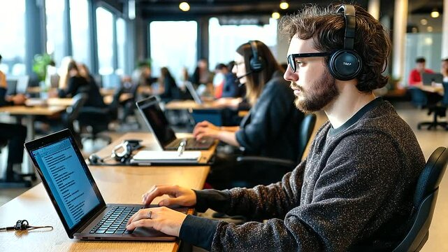 Person with a visible disability, participating in a collaborative project on a laptop at a spacious co-working space