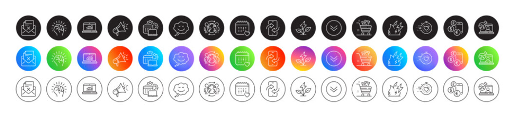 Healthcare calendar, Fire energy and Software line icons. Round icon gradient buttons. Pack of Reject letter, Empower, Global business icon. Eco power, Grocery basket, Megaphone pictogram. Vector