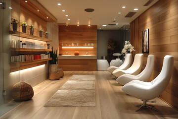 A serene spa interior showcases elegant white chairs arranged in a calming space, complemented by wooden accents, soft lighting, and decorative plants promoting relaxation