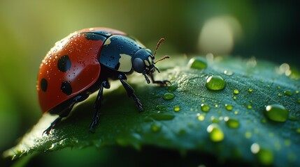 Obraz premium A ladybug with water droplets on its shell sits on a leaf.