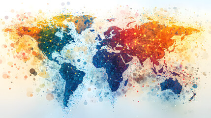 A colorful, abstract representation of a world map showcasing vibrant connections and global unity through artistic splashes of color.