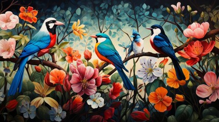 A vibrant illustration of a bird sanctuary with diverse species and vibrant foliage