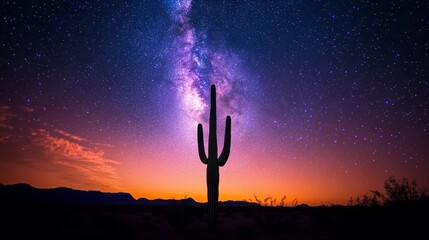 Lone cactus under milky way in desert night sky, celestial wonder. Nature and astronomy concept