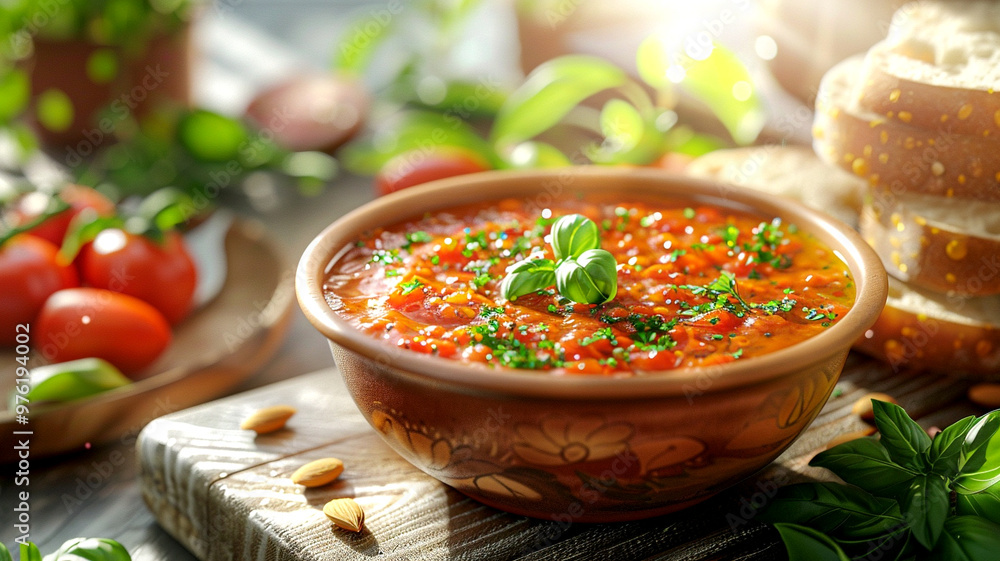 Wall mural A vibrant bowl of homemade tomato soup garnished with fresh herbs in a cozy kitchen