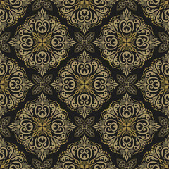 Ornate gold and black floral pattern design suitable for textiles or wallpaper.
