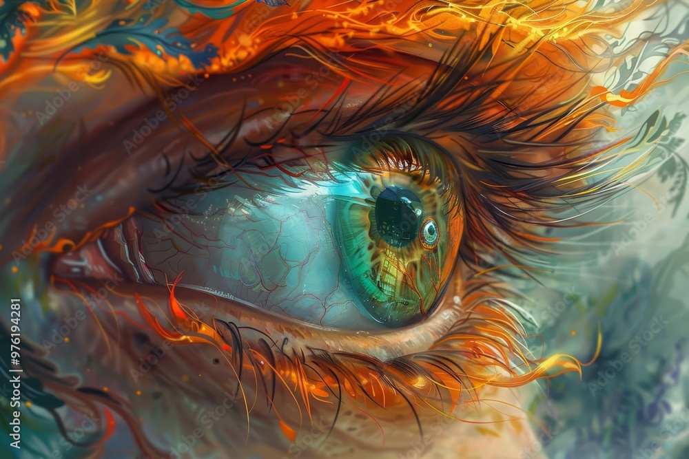 Poster this striking close-up reveals an intricate eye, bursting with vivid colors and fiery patterns that 