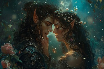 Two elves share an intimate moment in a mystical forest filled with flowers and enchanting lights during twilight, exuding a deep emotional connection.