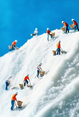 Tiny workers pushing carts uphill on a mound of sugar with a blue backdrop