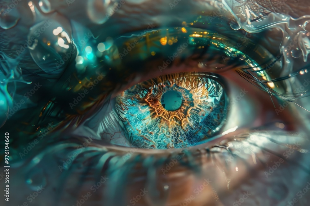 Poster this close-up captures a vibrant eye featuring striking patterns, highlighted by water droplets that