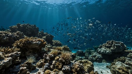 School of fish swimming near a rocky seafloor in a blue ocean.