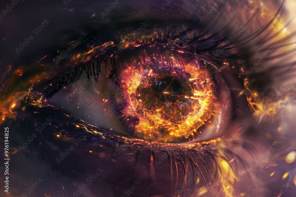 Poster a mesmerizing close-up view of a human eye features glowing elements within the iris that evoke imag
