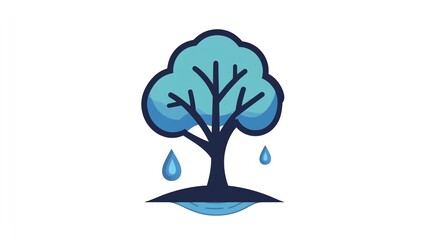A stylized tree with blue leaves and raindrops falling from the branches.