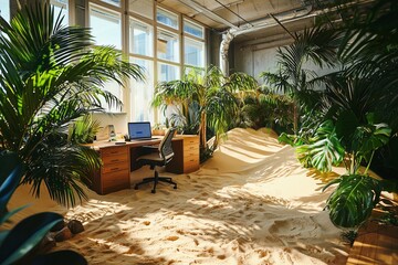 Fototapeta premium Workspace in office with oasis and urban jungle in the center, featuring palm trees, sand, and desk with laptop, concept of creative work environment and relaxation.