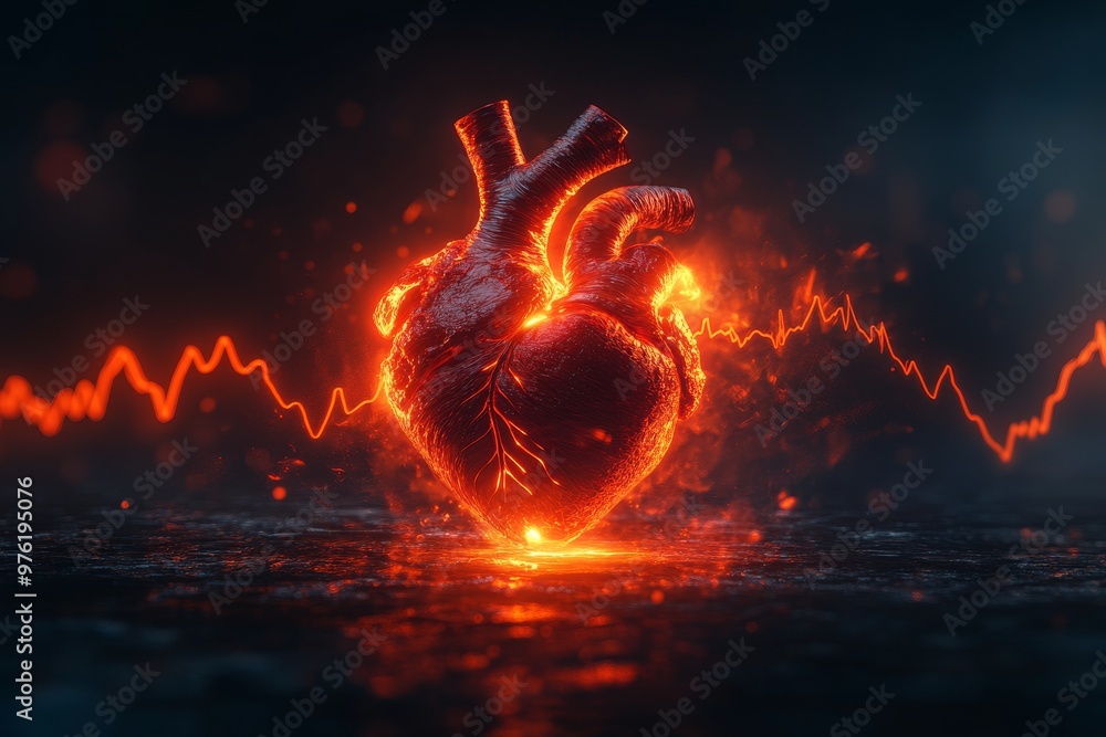 Aufkleber glowing digital heart with fiery pulse lines and medical data overlay symbolizing heart health monit