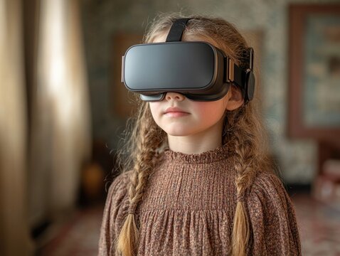 Young girl experiencing virtual reality with headset indoors