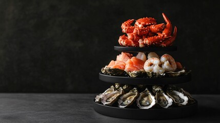 A seafood tower with crab legs, shrimp, and oysters, placed on a minimalist black background for a luxurious feel