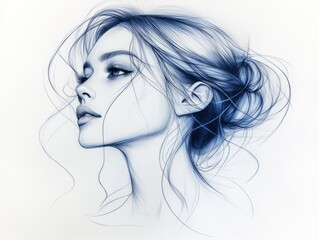 Elegant sketch of a woman with updo hairstyle in blue tones