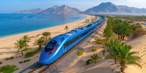 Fototapeta premium A sleek blue train journeys along a tropical coastline surrounded by mountains and palm trees
