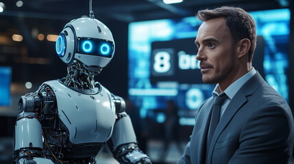 Tv presenter engages in a live conversation with a white ai robot in a contemporary studio setting