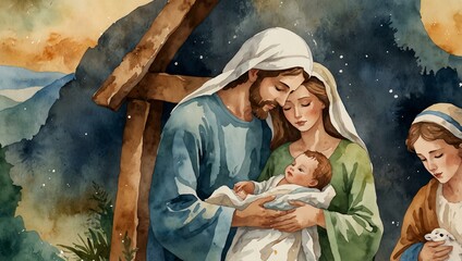 Serene watercolor nativity scene with Mary, Joseph, and baby Jesus.