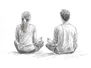 Back view of two people meditating together in a calming sketch