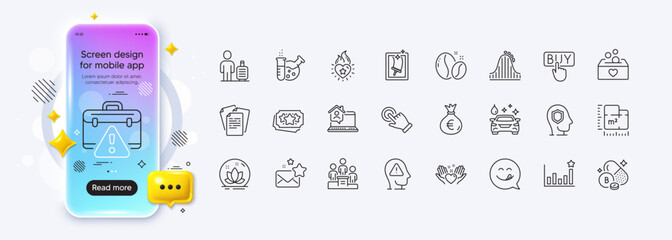 Heart flame, Roller coaster and Floor plan line icons for web app. Phone mockup gradient screen. Pack of Favorite mail, Car wash, Hold heart pictogram icons. Vector