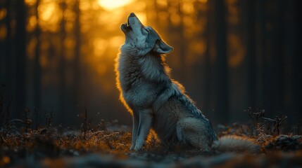 Wolf howling at sunset