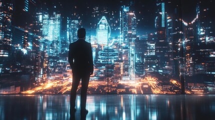 Obraz premium Silhouette of a Man Looking at a Futuristic Cityscape