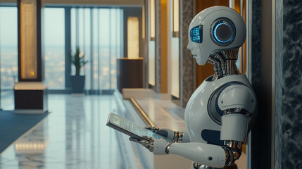 Humanoid robot in a modern lobby, using a digital tablet, stands out in white