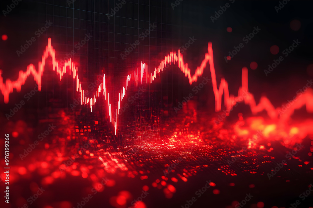 Poster dynamic red graph displaying fluctuating data trends in a modern digital aesthetic, ideal for financ