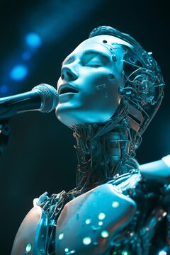 Close-up of a male robot singer with artificial intelligence technology. Robotic male singer singing a ballad into a microphone on stage.