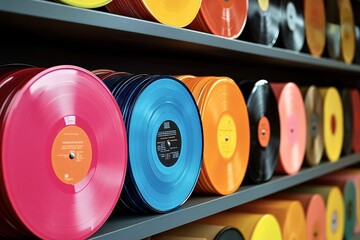 Colorful vinyl records collection organized on shelves