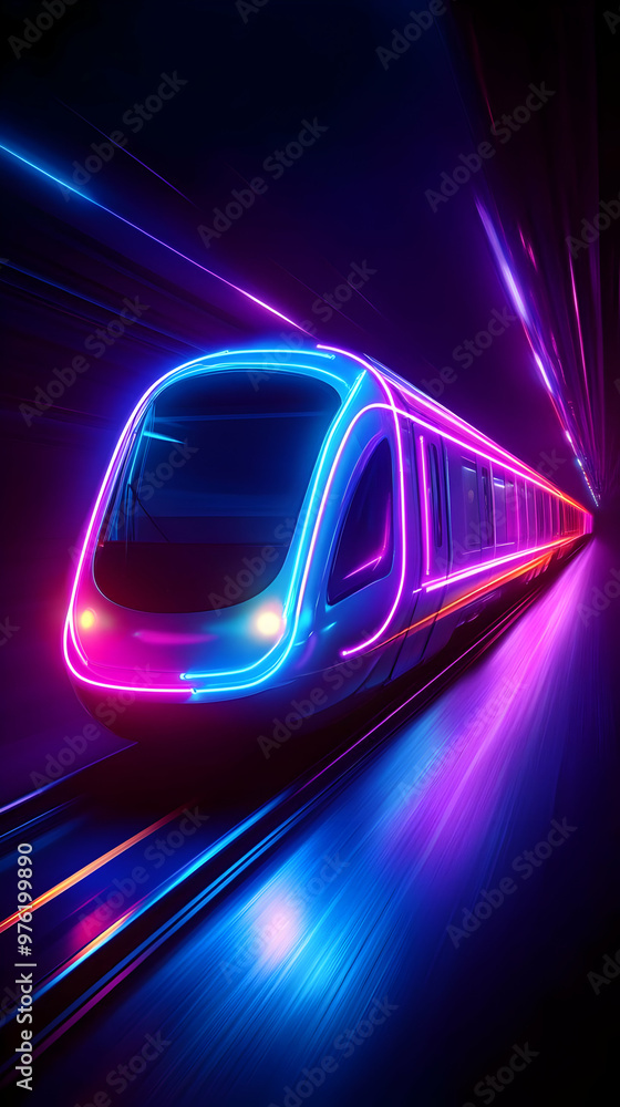 Poster futuristic train illuminated with vibrant neon lights speeds through a dark tunnel, creating a dynam