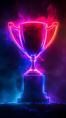 A vibrant neon trophy design, symbolizing achievement and victory, surrounded by colorful glowing lights and a mystical background.
