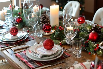 The dining table is set for a cheerful holiday celebration with red ornaments, festive greenery, and elegant glassware, creating a warm and inviting atmosphere.