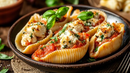 Crab-stuffed pasta shells with marinara sauce, isolated on a warm, textured brown background to enhance the dish's richness