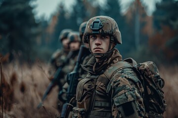 Obraz premium A group of soldiers dressed in camouflage stands ready for a training exercise in a wooded area under grey skies, showcasing their determination and focus.