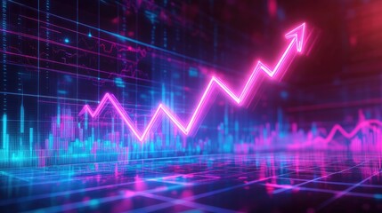 Fototapeta premium A glowing pink upward arrow representing growth, rising above a futuristic background of neon blue and purple lines and data.