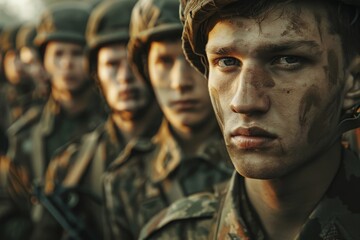 Fototapeta premium A group of young soldiers stands in formation during twilight, faces marked with dirt and determination, ready for their next training exercise in a rugged landscape.