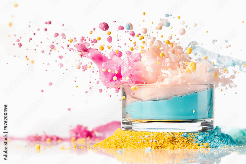Poster A striking display of colored powders explodes around a glass container filled with blue liquid. The vibrant colors create a dynamic contrast against a clean background