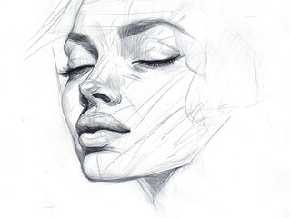 Intricate pencil sketch of a serene woman's face with closed eyes