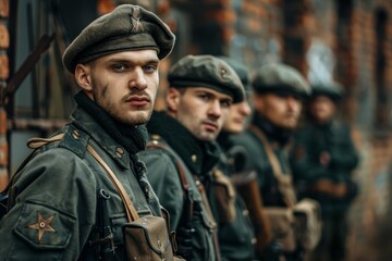 Fototapeta premium A group of historical reenactors dressed in vintage military uniforms stands in formation, embodying soldiers from a bygone era against a brick backdrop as evening approaches.