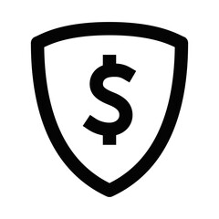 Simple vector icon of a shield with a dollar sign, representing financial protection, security, and insurance. Editable stroke.