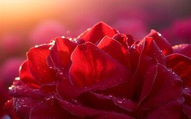 Generative-AI, Close-Up of Red Rose Petals with Dew Drops Highlighting Natural Beauty