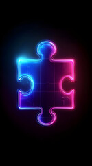A vibrant neon puzzle piece design, showcasing a blend of blue and pink colors against a dark background, symbolizing creativity.